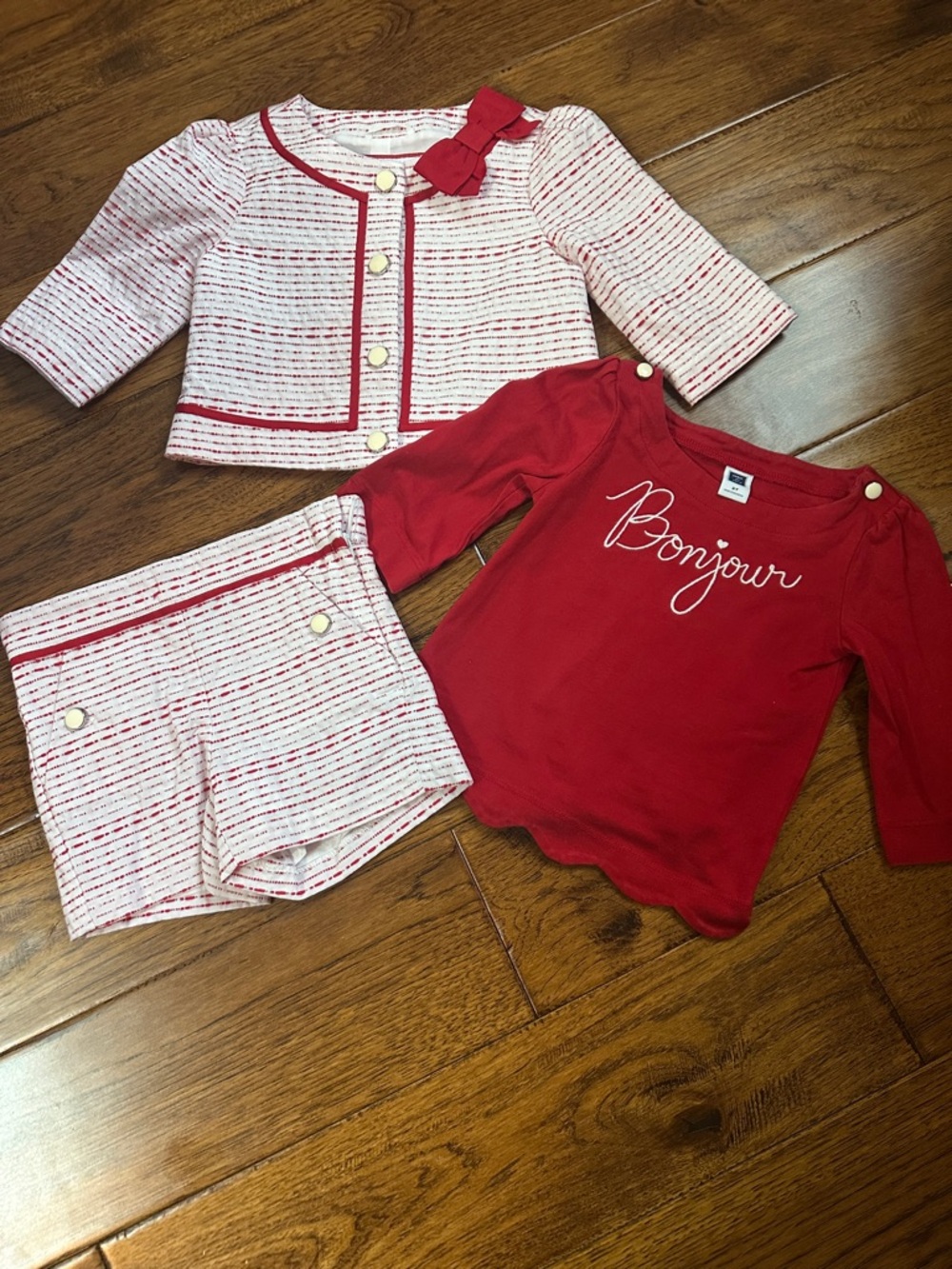 Red 'Bonjour' Girls Set with Tweed Jacket, Shorts and shirt